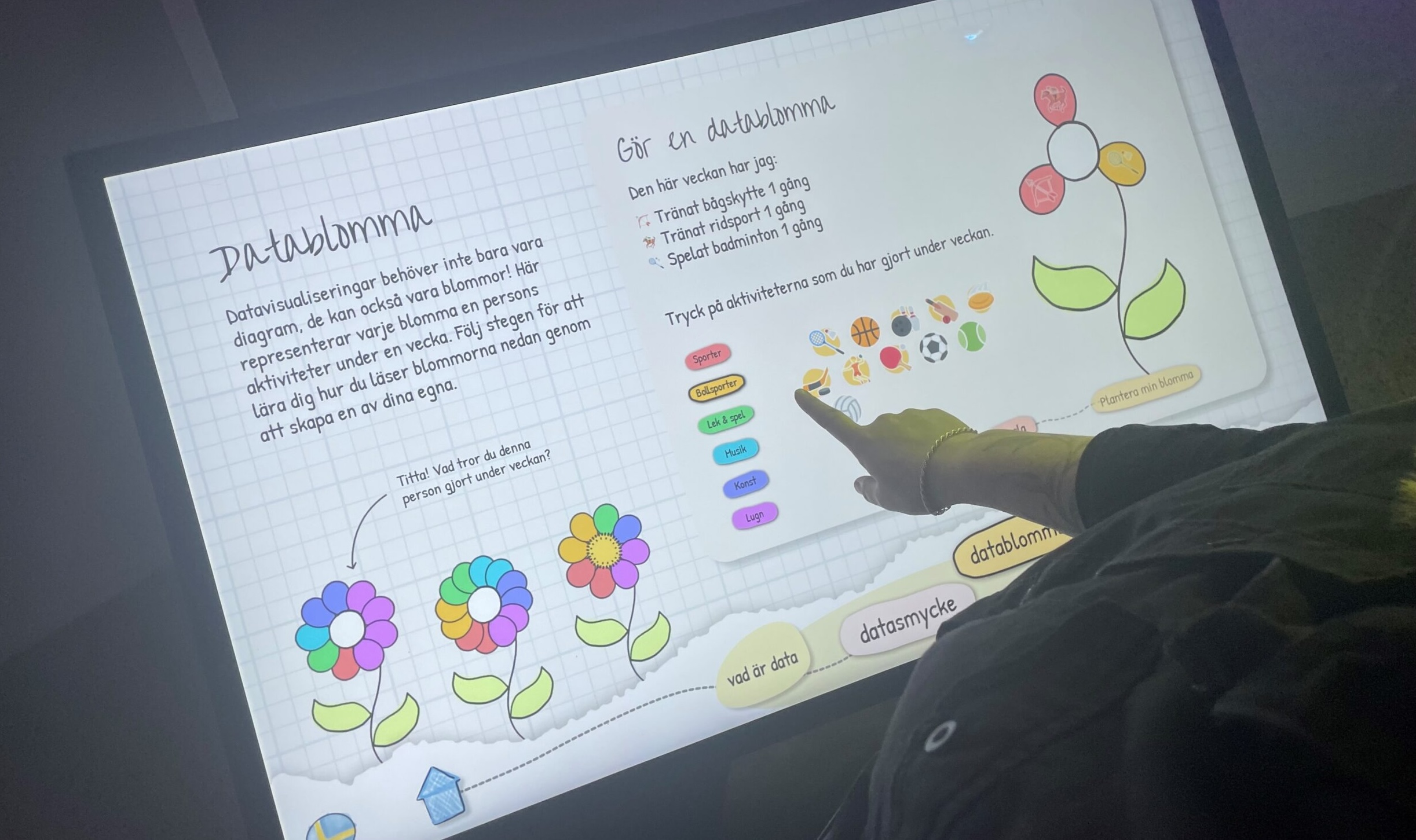 the data and me touch-table interface with a person building a data flower