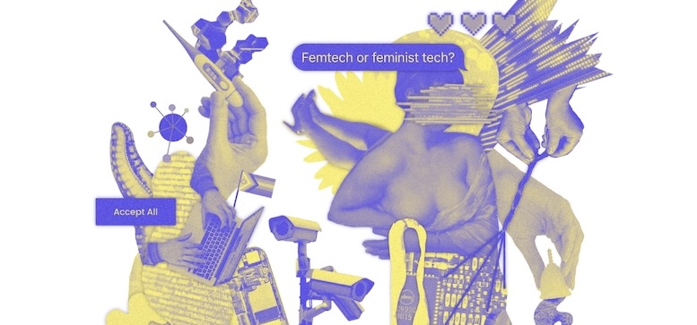 purple and yellow graphic of bodies and technologies